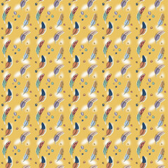 seamless pattern with colorful feathers on a  yellow background