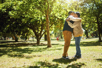 Mature, men and hug on retirement in park for banner with copy space. Elderly, people or friends in nature, trees or garden for nursing home, vacation or holiday for relaxing, rehabilitation or fun