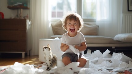 Toddler and cat playing in toilet paper chaos - obrazy, fototapety, plakaty