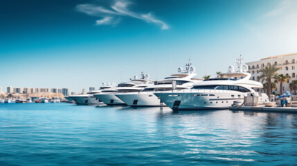 A marina filled with luxurious yachts, with an azure sea backdrop, epitomizing the maritime lifestyle of the wealthy - obrazy, fototapety, plakaty