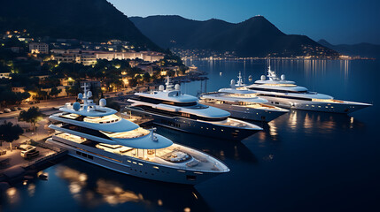 A marina filled with luxurious yachts, with an azure sea backdrop, epitomizing the maritime lifestyle of the wealthy - obrazy, fototapety, plakaty