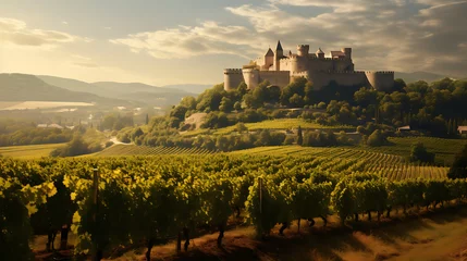 Fotobehang A sunlit vineyard stretching to the horizon, with a chateau in the distance, symbolizing the prosperity of wine-making © Alin