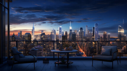 A penthouse view of a sprawling cityscape at dusk, with twinkling lights and skyscrapers,...