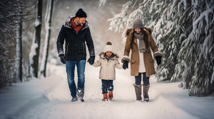 Winterspaziergang einer jungen Familie, Vater, Mutter, Kind, Geborgenheit, Freizeit