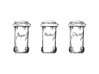 Set of hand-drawn black-and-white sketches of trash container for plastic, paper, glass. Segregate waste, sorting garbage, waste management. Retro vector outline illustration. Doodle.