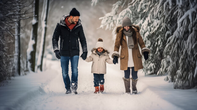 Winterspaziergang einer jungen Familie, Vater, Mutter, Kind, Geborgenheit, Freizeit