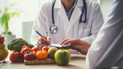 Nutritionist giving consultation to patient with healthy fruit and vegetable. Nutrition and diet concept - obrazy, fototapety, plakaty