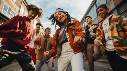 A group of teenagers dancing hip-hop. A graffiti back wall