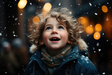 Boy  is happy about the falling first snow - obrazy, fototapety, plakaty