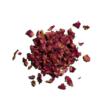 Heap of beautifully coloured, dried, red, organic rose petals, isolated on transparent background