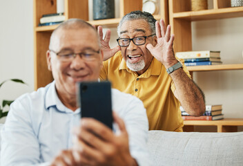 Funny, selfie and men in a house as friends in retirement for relax, comedy and internet. Happy, together and senior or elderly people with a phone for a photo or video call with a comic gesture - obrazy, fototapety, plakaty