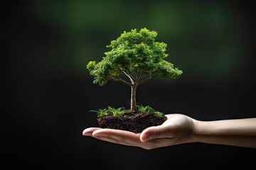 Tree in hand. Nurturing planet. Commitment to ecological care. Sustainability in action. Promoting environmental responsibility. Planting seeds of change green business vision