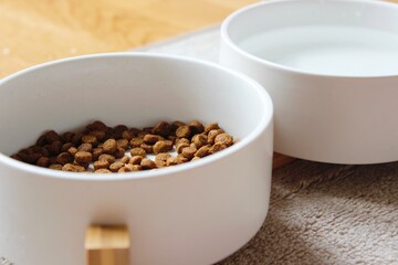 Dog's food and water bowls. Side view of two white containers, one with feed and another with water. Small brown balls of food on white bowls. On the background, a beige rug.