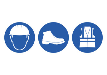 Bundle set of blue round label safety warning sign always wear protection helmet, safety shoes, and high visibility vest