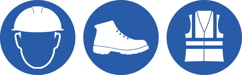 Bundle set of blue round label safety warning sign always wear protection helmet, safety shoes, and high visibility vest
