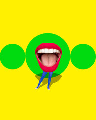 Female legs in blue tights and wide open laughing mouth over yellow background. Contemporary art collage. Concept of creativity, surrealism, artwork, imagination. Pop art design. Poster