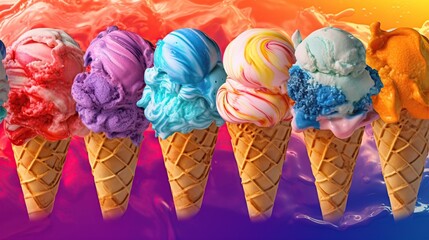 Ice cream in waffle cones with pink, blue and yellow flavors