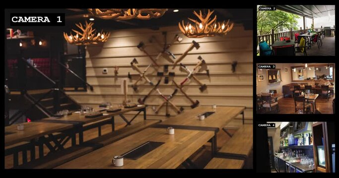 Four security camera views of bar and restaurant interiors with outdoor terrace, slow motion