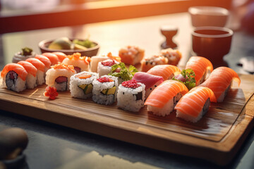 a tray of various types sushi and rolls on a table