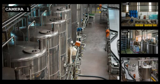Four security camera views of industrial brewery and bottling business interiors, slow motion