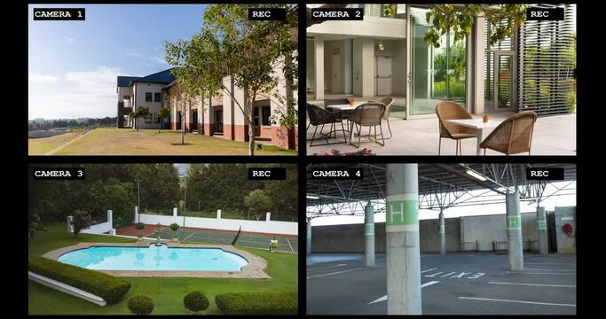 Four security camera views of luxury resort exterior, reception, pool and carpark, slow motion