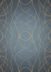 Hand-drawn unique abstract gold ornament on a light blue background, with vignette of darker background color and golden glittery sparks. Paper texture. Digital artwork, A4. (pattern: p10-1d)
