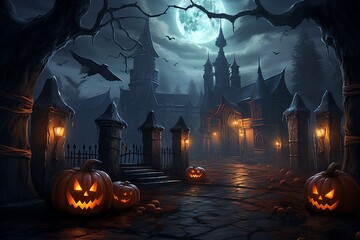 Mysterious Halloween Background with Moonlight, Pumpkins, and Ghostly Shadows, Eerie Halloween Night Scene with Spooky Moon and Haunted House