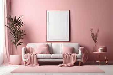 Home vertical blank photo mockup, cozy interior background in stylish calm pink style