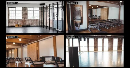 Four security camera views of fitness and therapy interiors with pool, slow motion