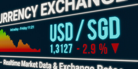 USD - SGD currency exchange rate down. US dollar drops against Singapore dollar. Currency trading, business, economy, loss. 3D illustration