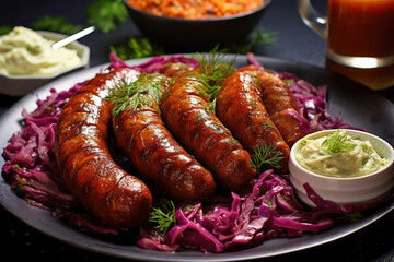 super delicious plated dish of steaming merguez sausages, with sliced cabbage and pickles on the...