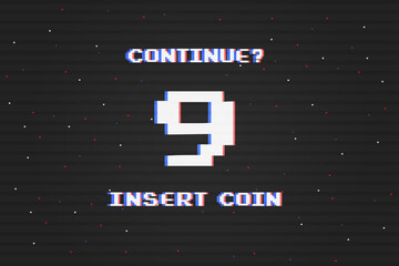 Insert coins to continue playing.countdown to continue After the game over screen, retro 8 bit style.pixel art. - obrazy, fototapety, plakaty