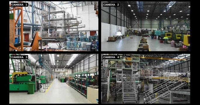 Four security camera views of industrial warehouse and factory interiors, slow motion