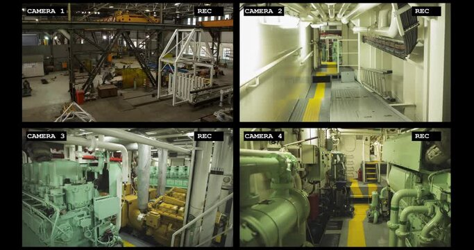 Four security camera views of industrial warehouse and factory interiors and machinery, slow motion