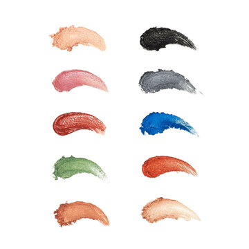 Textured eye shadow makeup swatch smear collection, isolated on transparent background. Set of bright, glittering vivid colour smears