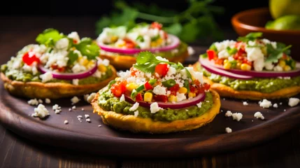 Fotobehang Handmade Mexican Sopes: A Delicious and Colorful Traditional Dinner with Crunchy Corn Dough, Avocado, Cheese and Chili © AIGen