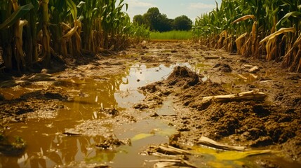 Losses due to Flood in Corn Field: Damaged Plants with Moldy Ears and Mud Water, Causing Catastrophic Crop Damage and Losses - obrazy, fototapety, plakaty