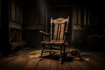 Vintage Old Rocking Chair in Attic - Haunted and Scary. Dark and Dim Rocking Chair for a Perfect Horror Background