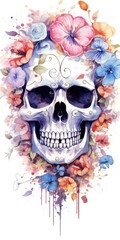 Vintage Watercolor Skull with Floral Design
