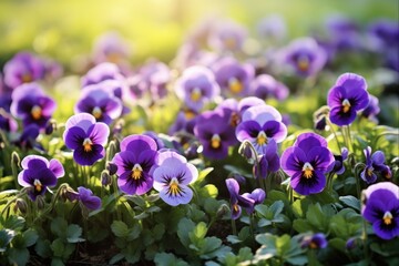 Vibrant Viola Flowers in a Wildflower Field. Springtime Blossoms for Your Gardening and Floral Needs - obrazy, fototapety, plakaty