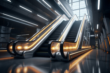 Escalator for people going up and down on the subway - obrazy, fototapety, plakaty