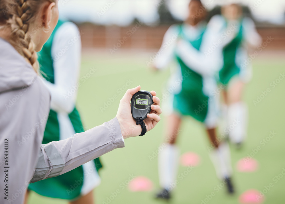 Poster Coach, timer and team in training, field and sports in blurred background. Trainer, stopwatch and teaching for progress, fitness and performance by digital, athlete and exercise in diversity on clock