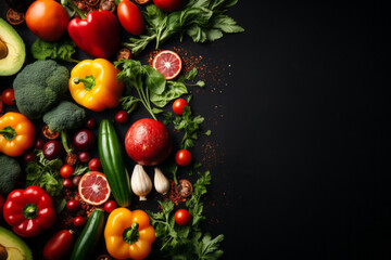 Seasonings, vegetables, fruits and foods on dark background. view from above. Generative AI