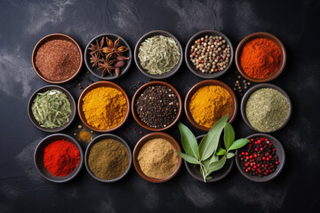 Obraz na płótnie Canvas Various spices arranged on a table. Generative AI