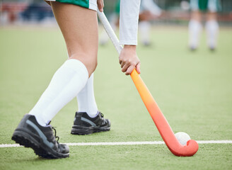 Fototapeta premium Woman athlete, hockey and field for game goal training or running, workout on grass turf. Professional sports person, fitness competition or strong cardio health, challenge in physical performance