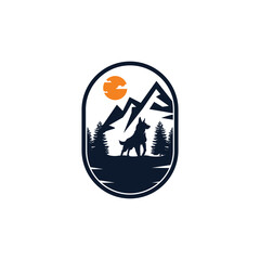 night wolf design with moon and forest. black color. vector logo