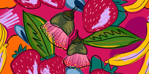 Stylized tropical fruits and plants in flat style. Vector seamless, overlapping, repeating pattern..