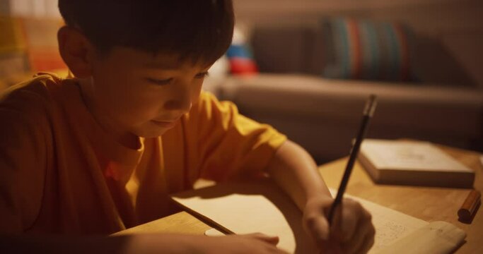 저녁에 거실에서 공부하는 똑똑한 소년의 상반신 영상, 클로즈업 핸드헬드