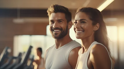 Zelfklevend Fotobehang Man and woman as a couple in the gym doing sports, workout for health and fitness © DigitalDreamscape
