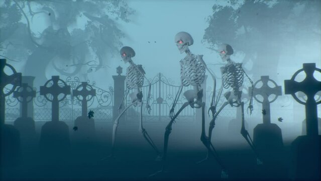 Dancing skeletons in the cemetery at night. Skeletons with red burning eyes in a graveyard in the fog. Halloween concept.